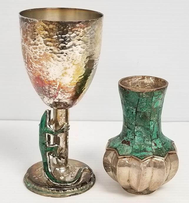 Emilia Castillo signed 6 1/2" silver plated goblet with stone lizard & a faceted silver plated 4 (1 of 12)