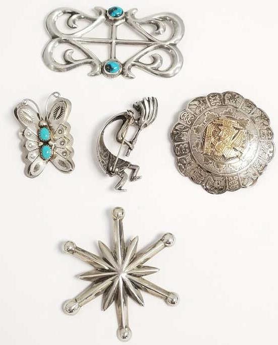 5 Southwest sterling silver brooches including sandcast, turquoise, etc. 89 grams, 3" largest (1 of 12)
