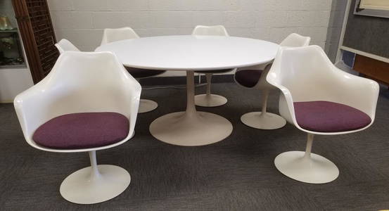 Knoll Saarinen Tulip dining table 59 1/2" diameter & 6 Knoll arm chairs (arm chairs signed/table is