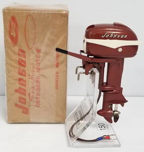 Vintage toy Johnson Sea Horse 30 HP battery op outboard motor by K & O Models, Inc. with box & stand