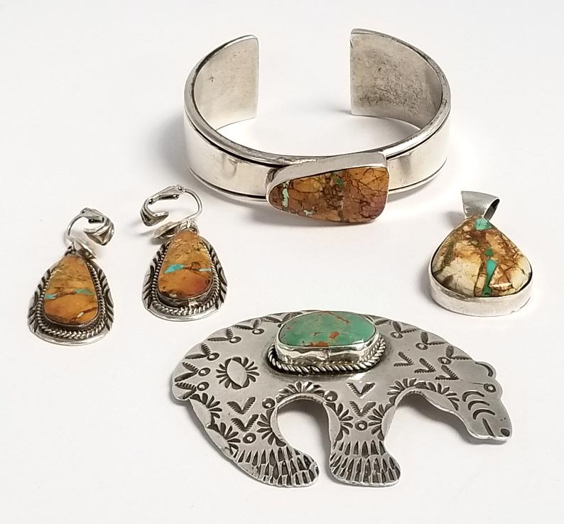 Group of signed Southwest sterling silver & boulder turquoise, etc. including cuff, earrings, brooch (1 of 15)