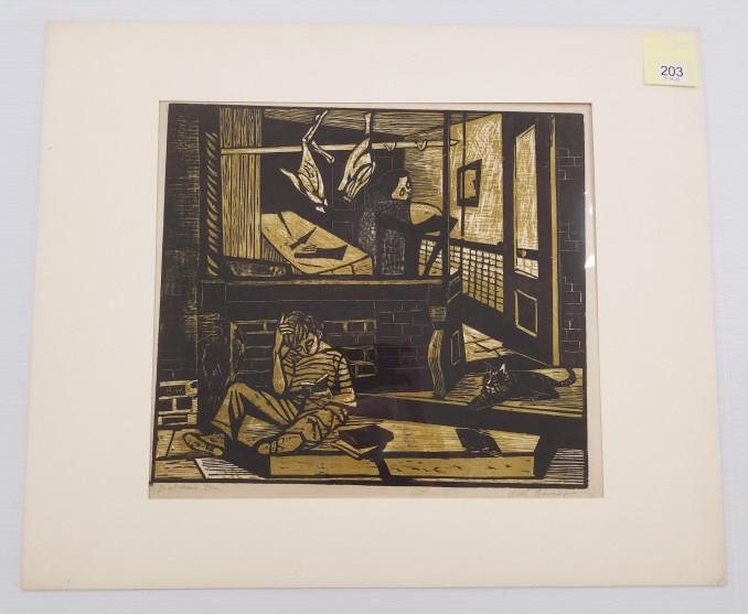 Will Barnet pencil signed woodcut "Butcher's Son" 15" x 13 1/4" image; 18 3/4" x 16" paper size: Will Barnet pencil signed woodcut "Butcher's Son" 15" x 13 1/4" image; 18 3/4" x 16" paper size (some as is to margins)