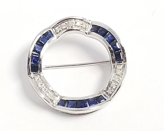14K white gold circle pin set with baguette sapphires & diamonds - 5.8 grams - 1" (1 of 7)