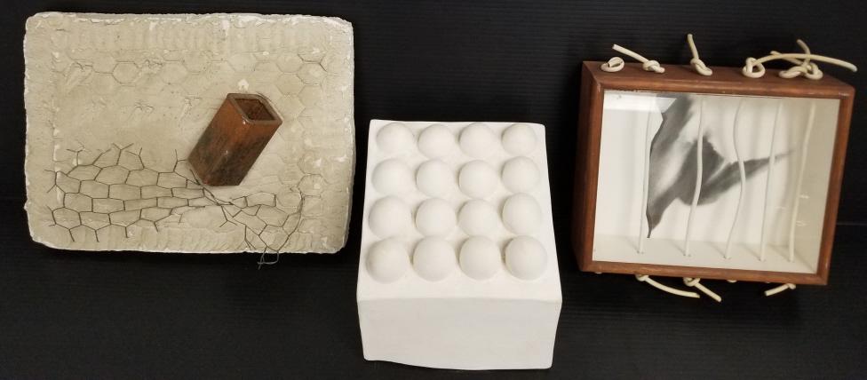 3 mid-century modern artworks - egg sculpture 7" x 7" (chip), signed "Flight 70" 9" x 10" & (1 of 14)
