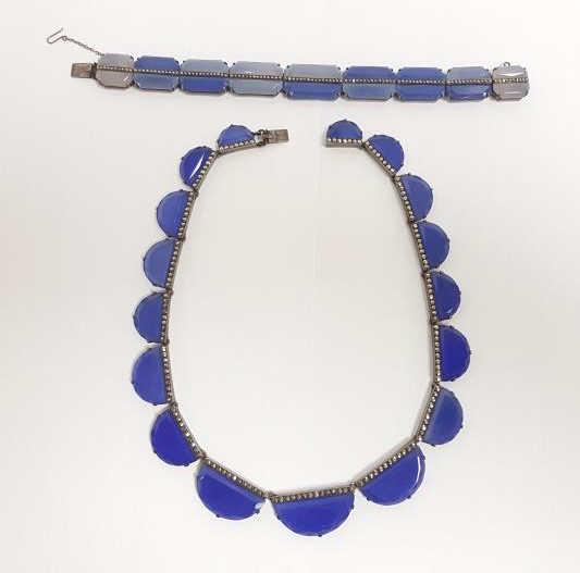 Antique Art Deco sterling silver, chalcedony & marcasite bracelet & necklace - 76 grams (1 of 9)