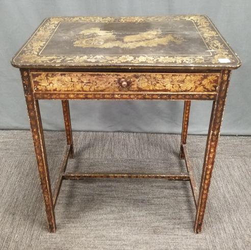 Period antique lacquered decorated stand with drawer - cherub on chariot with goats - 27' high x 24" (1 of 8)