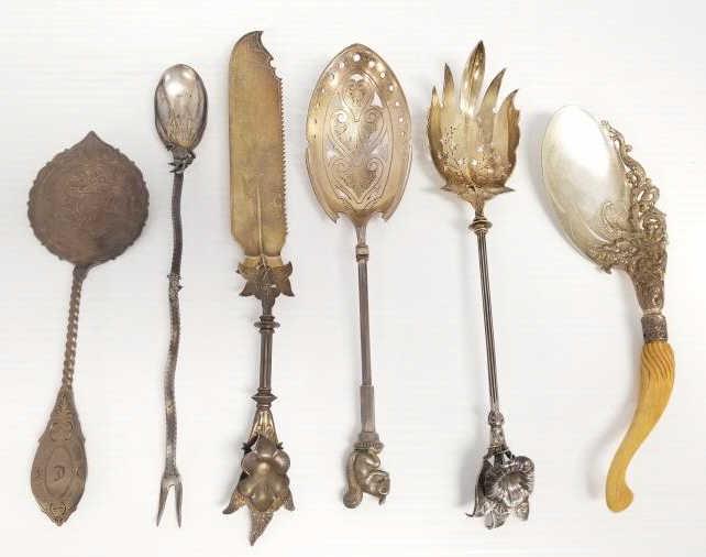 6 ornate sterling silver early Victorian serving pieces - 11" longest - approx. 14 troy oz. (1 of 20)