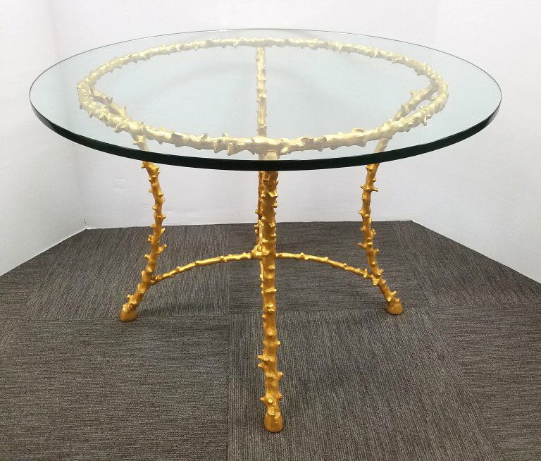 Round occasional bronze dore glass top table w/ branch motif & (1 of 7)