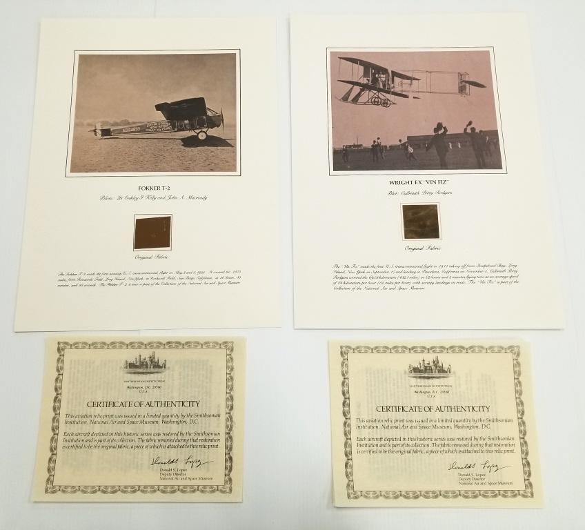 2 aviation prints with relic fabric - Wright Ex "Vin Fiz" & Fokker T2 - 15" x 20": 2 aviation prints with relic fabric - Wright Ex "Vin Fiz" & Fokker T2 - 15" x 20"
