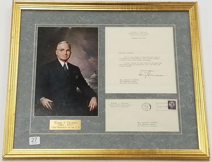Harry Truman autographed letter 1955 - 19" x 16" OD: Harry Truman autographed letter 1955 - 19" x 16" OD