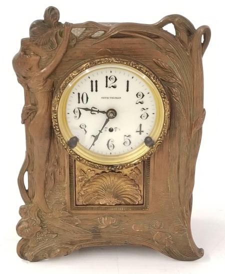 Antique Seth Thomas Art Nouveau bronze clock (dial chip, untested) 11 1/4" high: Antique Seth Thomas Art Nouveau bronze clock (dial chip, untested) 11 1/4" high