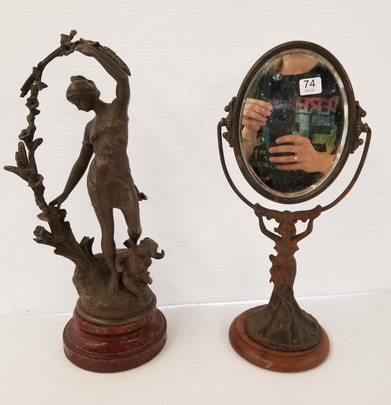 French Art Nouveau metal figure (cracks) - Ch Perron & an antique figural dresser mirror - taller: French Art Nouveau metal figure (cracks) - Ch Perron & an antique figural dresser mirror - taller approx. 18"