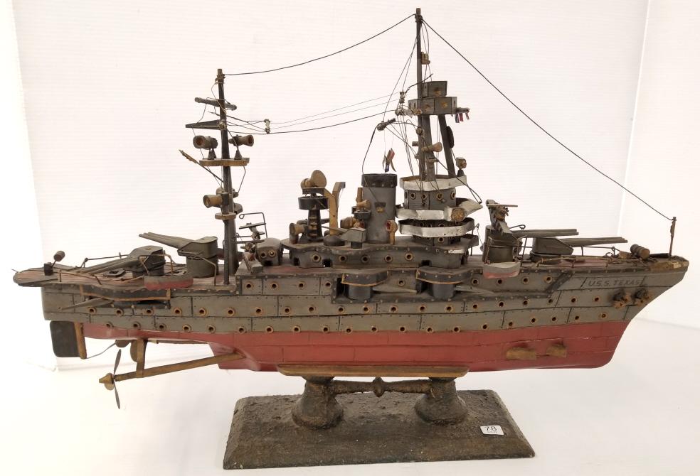 Vintage USS Texas wooden battleship model - 32"L x 20 1/4"H: Vintage USS Texas wooden battleship model - 32"L x 20 1/4"H