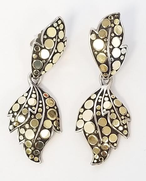 John Hardy 18K gold & sterling silver leaf dot dangle earrings - 2" long - 15 grams: John Hardy 18K gold & sterling silver leaf dot dangle earrings - 2" long - 15 grams