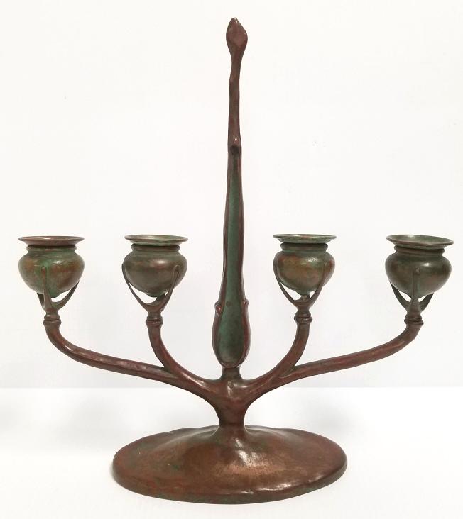Tiffany Studios bronze 4 arm candleholder - 15" h x 14" wide (missing snuffer, as seen - off: Tiffany Studios bronze 4 arm candleholder - 15" h x 14" wide (missing snuffer, as seen - off center)