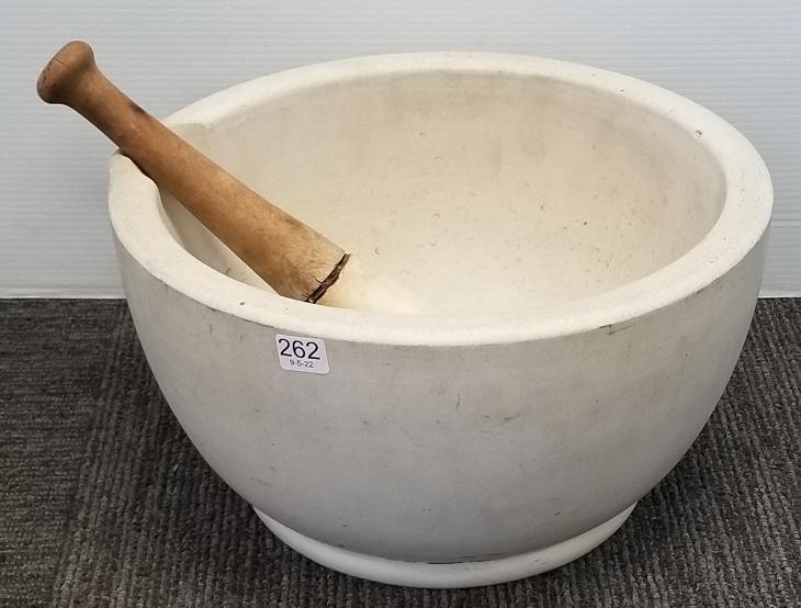 T.M. & S. labeled #12 mortar & pestle with wooden handle - 14" diameter x 7 1/2" high: T.M. & S. labeled #12 mortar & pestle with wooden handle - 14" diameter x 7 1/2" high