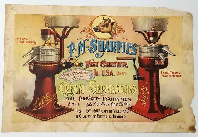 Antique P.M. Sharples Cream Separators advertising on paper - unframed (As Is) 18 1/2" x 30" O.D.: Antique P.M. Sharples Cream Separators advertising on paper - unframed (As Is) 18 1/2" x 30" O.D.