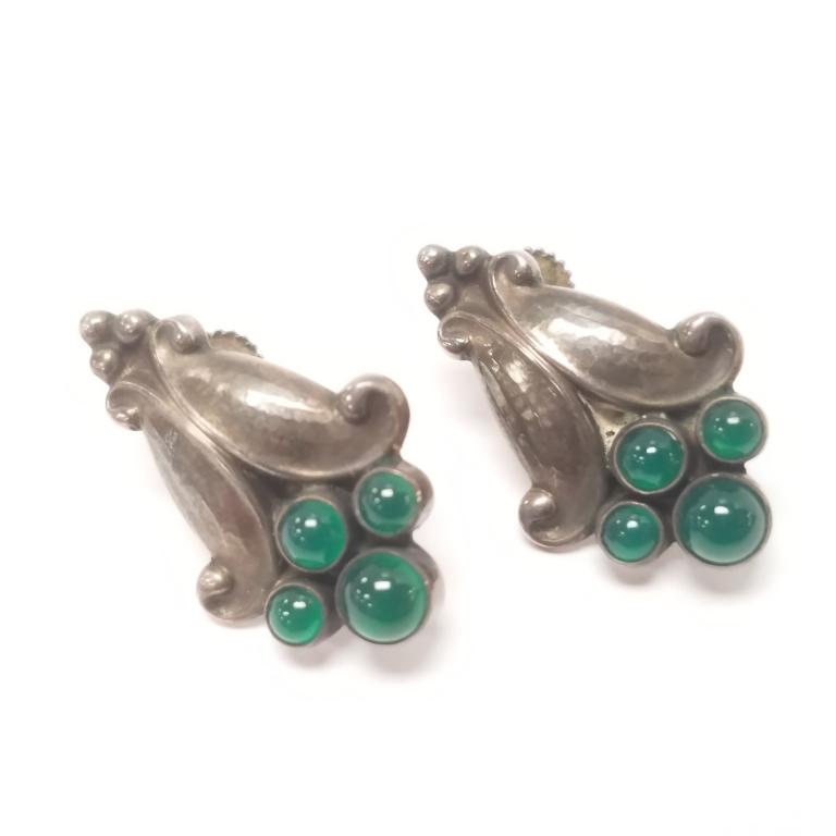 Georg Jensen signed sterling & chrysoprase screw-back earrings 1" long - style 32B (1 of 6)