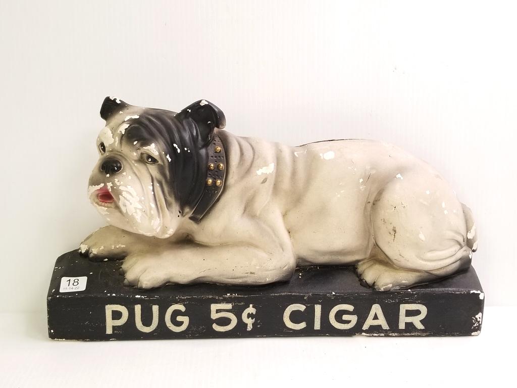 5 cent cigar pug dog advertising chalkware (as seen) 18" long x 9" high x 3" deep (1 of 12)
