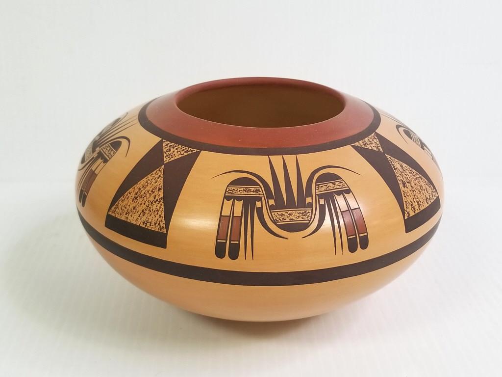Steve Lucus Hopi decorated pottery bowl 4 1/2" tall x 8" diameter (1 of 8)