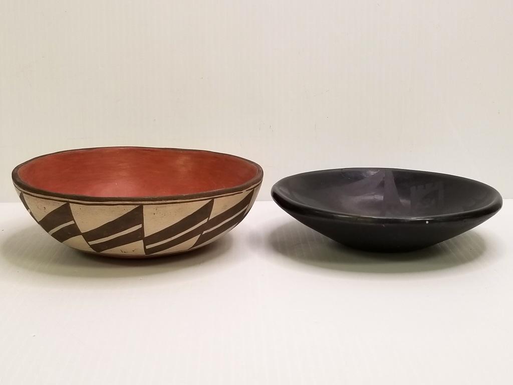 Black-on-black San Ildefonso bowl 1 1/2" tall x 6 1/2" diameter & Santa Domingo chili bowl 2 1/2": Black-on-black San Ildefonso bowl 1 1/2" tall x 6 1/2" diameter & Santa Domingo chili bowl 2 1/2" tall x 7" diameter