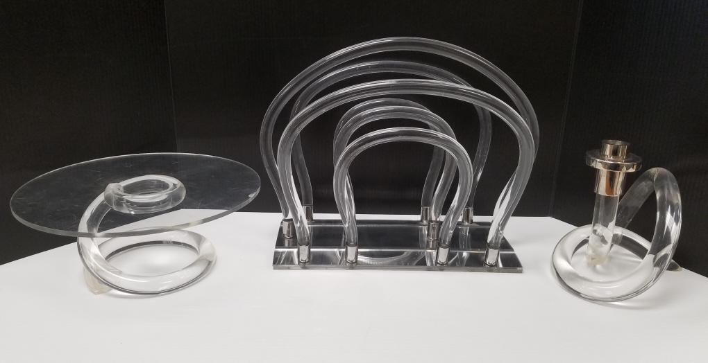 3 Dorothy Thorpe acrylic pieces including magazine holder, candlestick & cake plate (chip) (1 of 10)