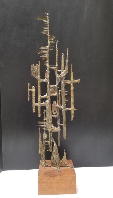 Lewis M. Kern, unsigned, brutalist metal sculpture on wooden base - 29 1/2" tall (1 of 6)