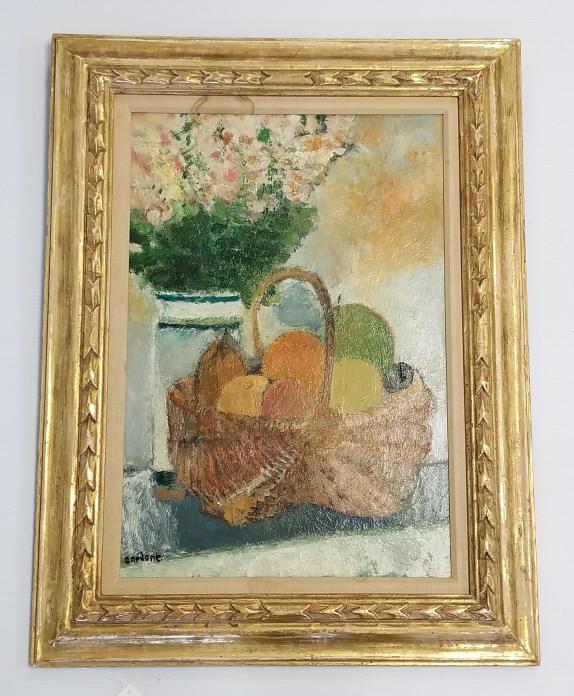 (Guy) Bardone framed signed oil painting on board "Panier et bouquet" with David Findlay Galleries: (Guy) Bardone framed signed oil painting on board "Panier et bouquet" with David Findlay Galleries label 22" x 28 1/2" O.D.