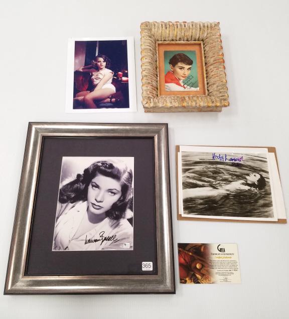 3 signed pieces including framed Lauren Bacall with COA, Hedy Lamar & Audrey Hepburn & a Jody Foster (1 of 10)