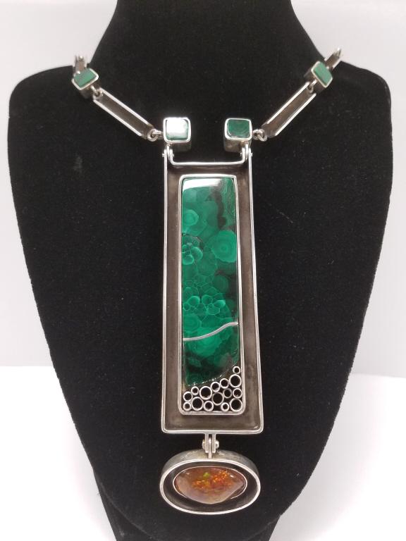 Handmade Lew Kern artisan sterling silver choker necklace with drop pendant set with malachite & (1 of 6)