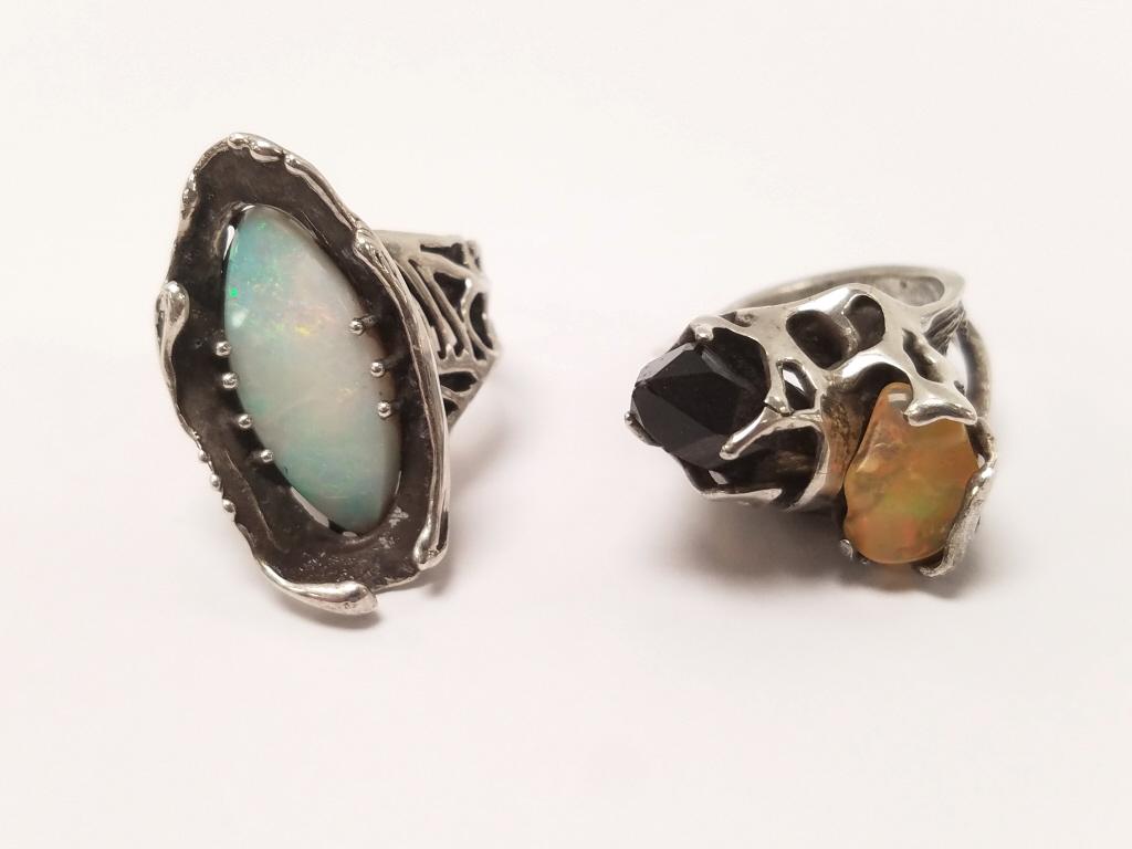 2 handmade Lew Kern artisan sterling silver rings set with opals, etc.; size 7 (1 of 8)
