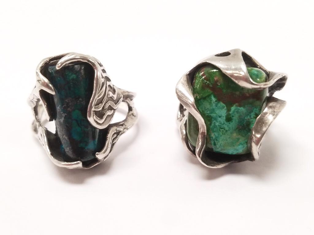 2 handmade Lew Kern artisan sterling silver rings set with chrysocolla; size 6 1/2 & 10 (1 of 8)