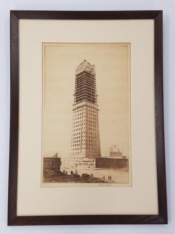 Hosford H(Harry) Lindley framed etching "Foshay Tower" - pencil signed & numbered 6/45 - 18 3/4" x (1 of 9)
