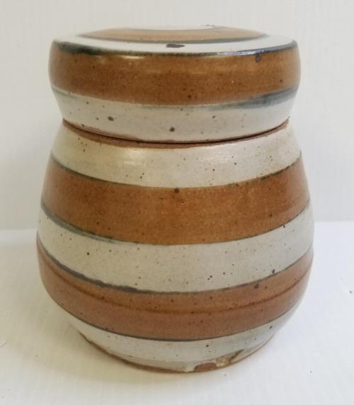 Warren Mackenzie signed unusual striped lidded vessel - 6" tall (1 of 6)