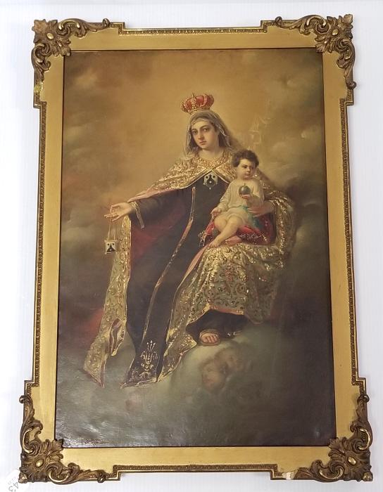 Madonna di Carmelo framed signed lower left painting on metal 17" x 24" O.D. (minor losses to frame): Madonna di Carmelo framed signed lower left painting on metal 17" x 24" O.D. (minor losses to frame)