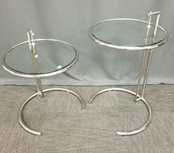 Pair Eileen Gray style chrome & glass top adjustable tables 20" diam. (wear to chrome & glass) (1 of 4)