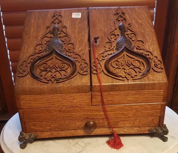 Antique oak folding letter box - converted to humidor - 14" wide x 13" tall x 9" deep (1 of 5)