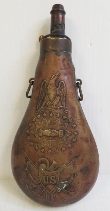 U.S. Civil War era ? brass powder flask 8 3/4"x 4" (as seen) (1 of 6)