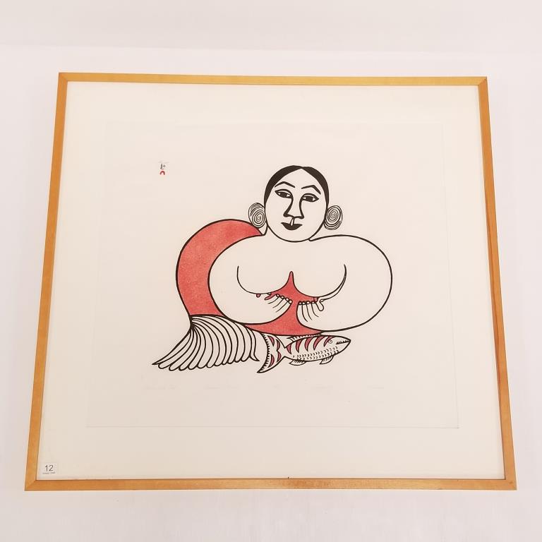Pitaloosie Saila framed signed stone cut & stencil "Sedna with Fish" 18/50 - Dorset 1985 - 31" x 29" (1 of 10)