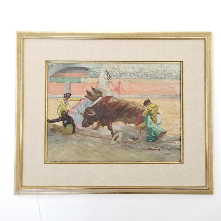 Carlos Ruano Llopis framed signed oil painting on board - bull fighting - 18 1/2" x 22 1/2" O.D. (1 of 7)
