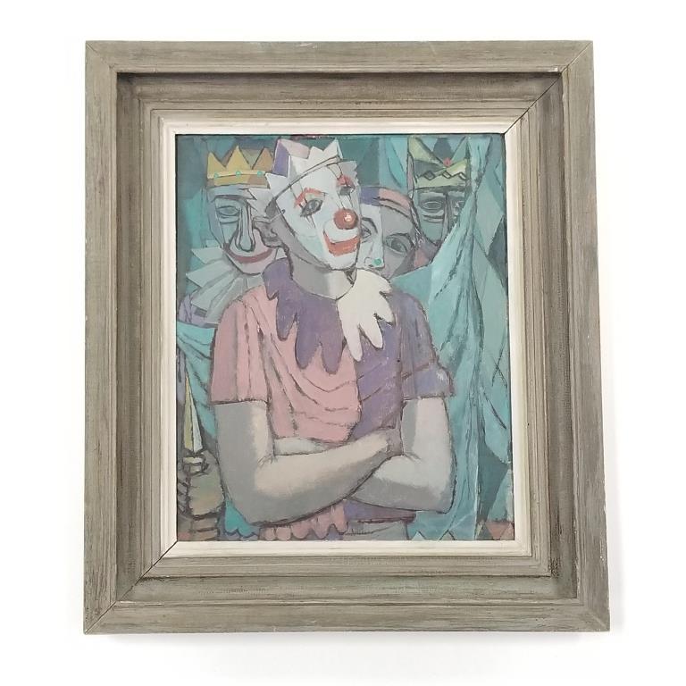 Lewis Kern framed signed oil painting on board - clowns - 20" x 23" O.D. (1 of 8)