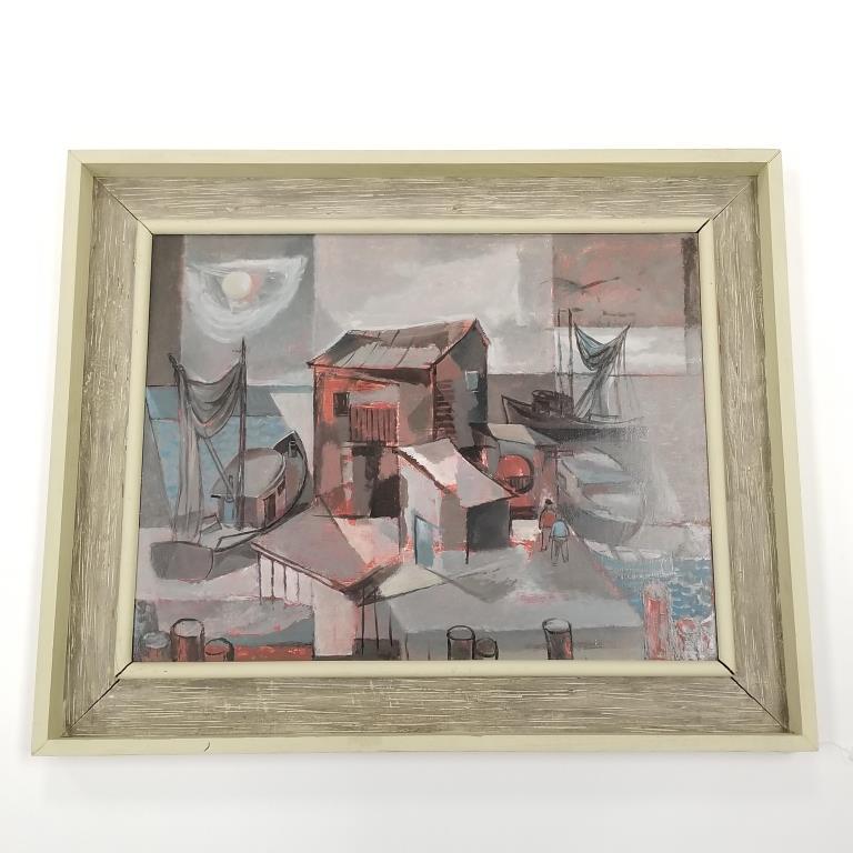 Lewis Kern framed unsigned oil painting on board - harbor scene - 27 1/2" x 33 1/2" O.D. (1 of 8)