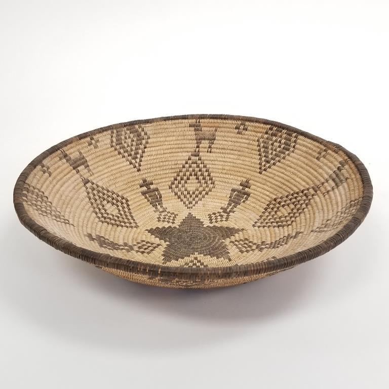 Apache decorated woven basket with dog and figural design - 14 1/2" diameter x 3 1/4" tall (1 of 13)