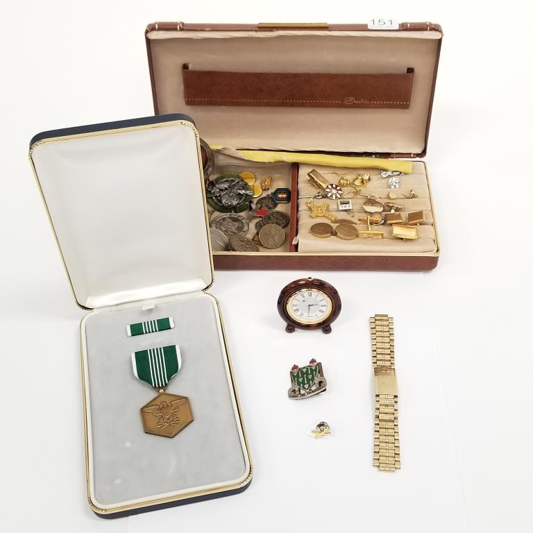 Group of vintage men's jewelry including Omega watch band, cufflinks, military metal, O.J. Perrin (1 of 11)