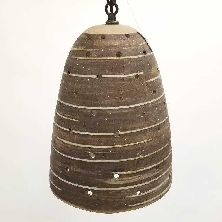 Rare Martz, attribution, unsigned pottery pendant with light holes - 11" tall x 8" diameter (1 of 6)
