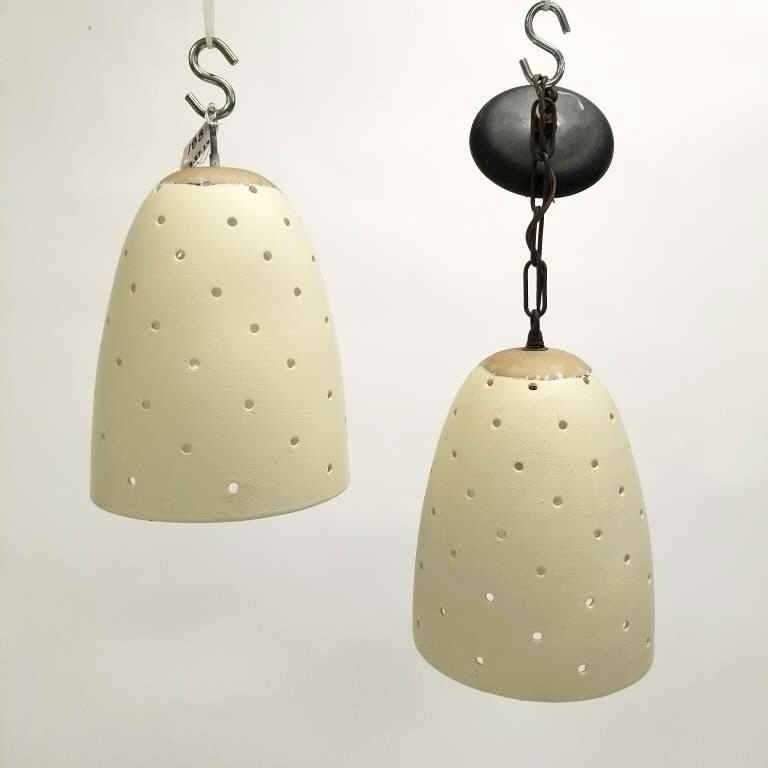 Pair of Martz, attribution, unsigned pottery pendants with light holes 11" tall x 8" diameter (as (1 of 9)