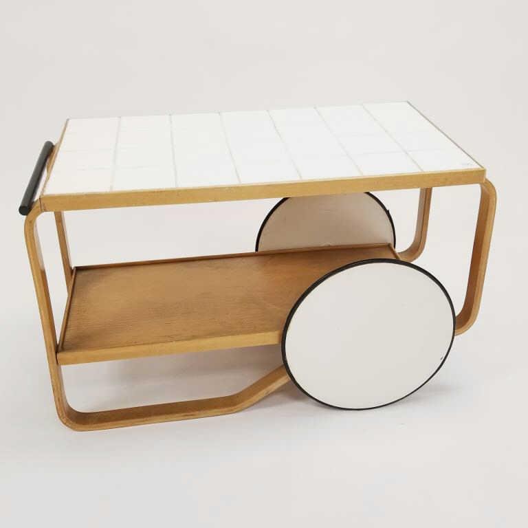 Alvar Aalto - signed Aalto Designs - Sweeden cart with tile top - 36" x 18 1/4" x 22" high: Alvar Aalto - signed Aalto Designs - Sweeden cart with tile top - 36" x 18 1/4" x 22" high (as seen: grout losses and cracking to top; finish unevenness throughout including some watermarks; rubber wh