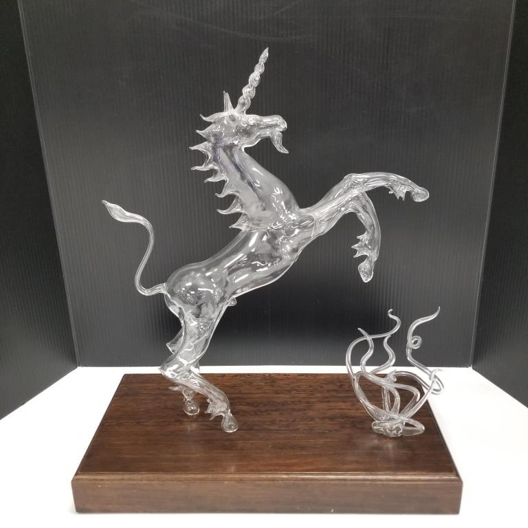 Hans Gobo Frabel art glass horse sculpture on wooden base - 18" tall - signed GF (1 of 6)