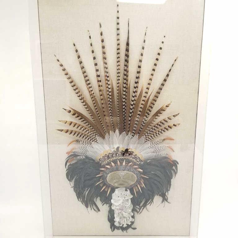 Large framed mixed sculpture with feathers, shells etc. in an acrylic case - 74 1/2" high x 45 1/2: Large framed mixed sculpture with feathers, shells etc. in an acrylic case - 74 1/2" high x 45 1/2 wide x 9 1/4" deep
