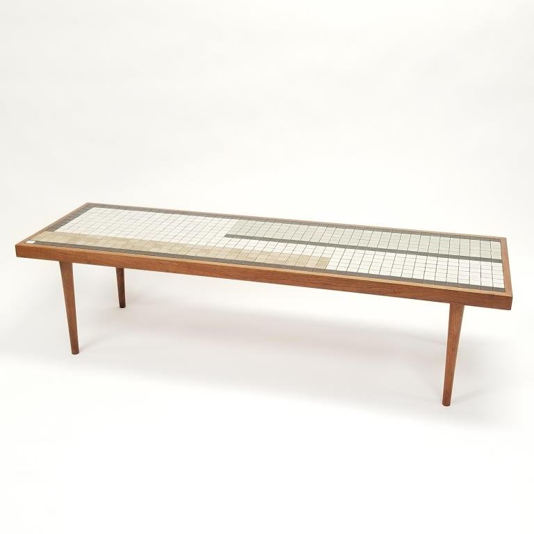 Gordon & Jane Martz tile top coffee table- 19" x 60 1/4" x 16" tall - blocked out signature (1 of 11)